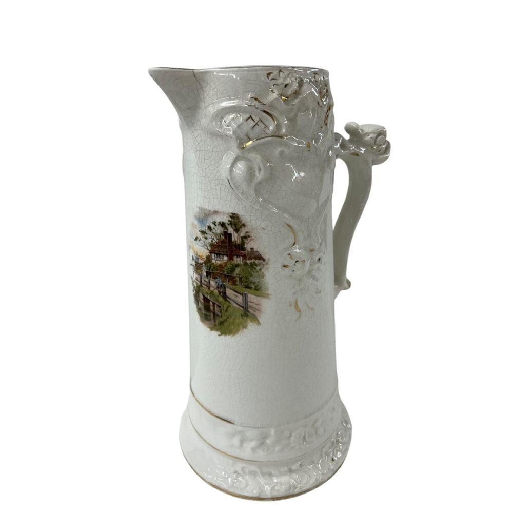 Antique Tankard Pitcher 12 Inch Owen Minerva Victorian Scene Handle Pottery